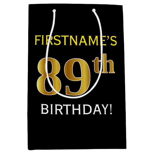 Black, Faux Gold 89th Birthday + Custom Name Medium Gift Bag (Front)