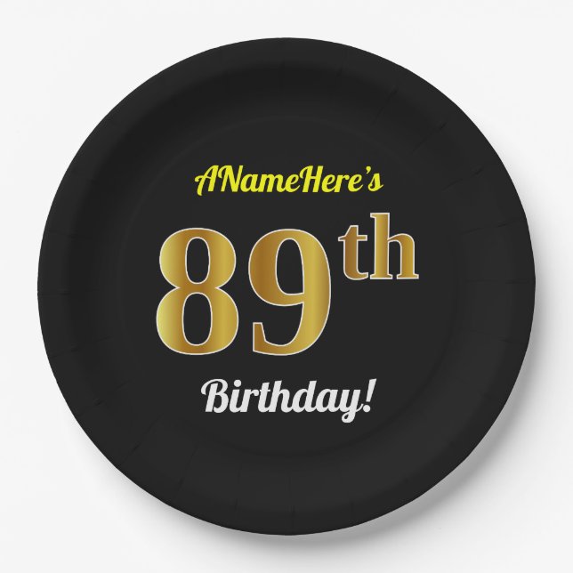 Black, Faux Gold 89th Birthday + Custom Name Paper Plate (Front)