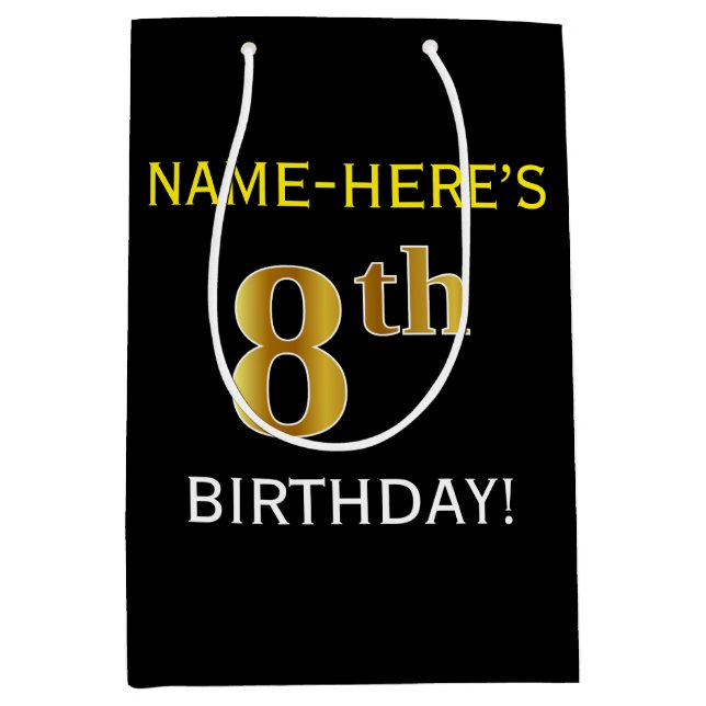 Black, Faux Gold 8th Birthday + Custom Name Medium Gift Bag (Front)