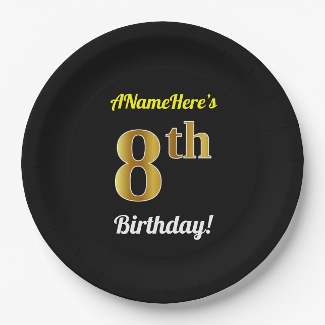 Black, Faux Gold 8th Birthday + Custom Name Paper Plate (Front)