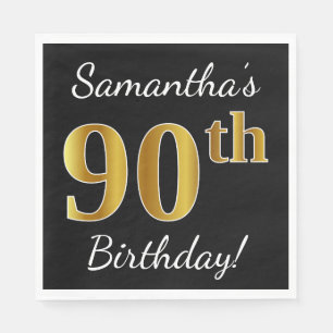 Black, Faux Gold 90th Birthday + Custom Name Napkin