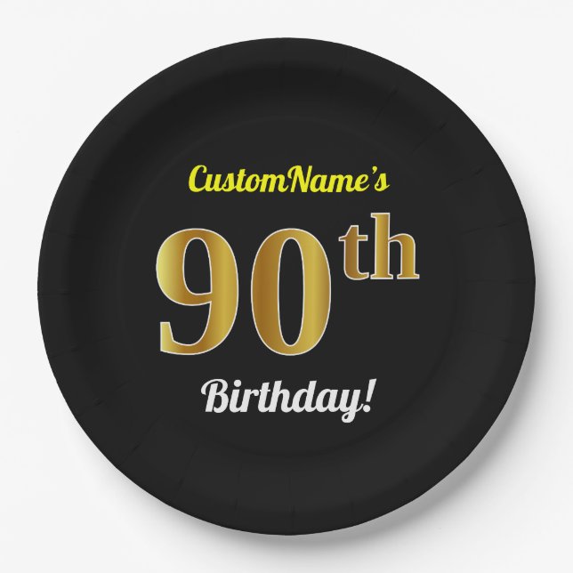 Black, Faux Gold 90th Birthday + Custom Name Paper Plate (Front)