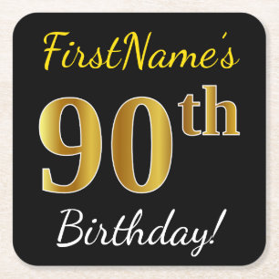 Black, Faux Gold 90th Birthday + Custom Name Square Paper Coaster