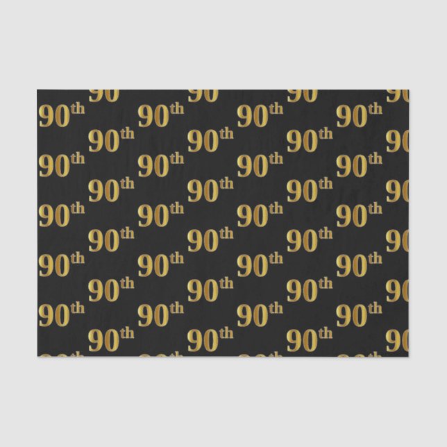 Black, Faux Gold 90th (Ninetieth) Event Tissue Paper (Front)