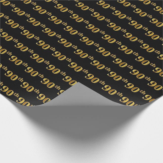 Black, Faux Gold 90th (Ninetieth) Event Wrapping Paper (Corner)