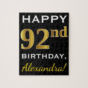 Black, Faux Gold 92nd Birthday + Custom Name Jigsaw Puzzle