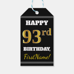 Black, Faux Gold 93rd Birthday + Custom Name Gift Tags