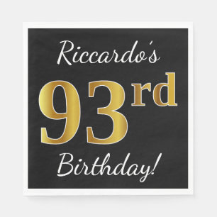 Black, Faux Gold 93rd Birthday + Custom Name Napkin