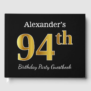Black, Faux Gold 94th Birthday Party + Custom Name Guest Book