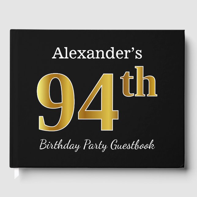 Black, Faux Gold 94th Birthday Party + Custom Name Guest Book (Front)