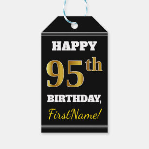 Black, Faux Gold 95th Birthday + Custom Name Gift Tags