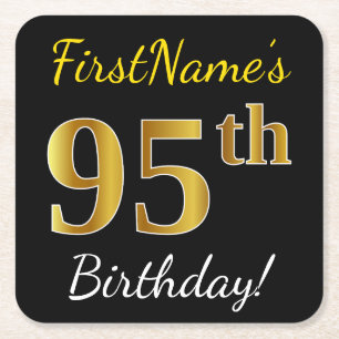 Black, Faux Gold 95th Birthday + Custom Name Square Paper Coaster