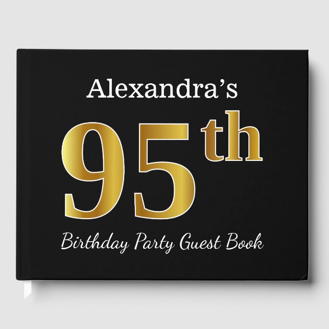 Black, Faux Gold 95th Birthday Party + Custom Name Guest Book (Front)