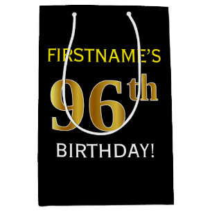 Black, Faux Gold 96th Birthday + Custom Name Medium Gift Bag
