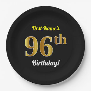 Black, Faux Gold 96th Birthday + Custom Name Paper Plate