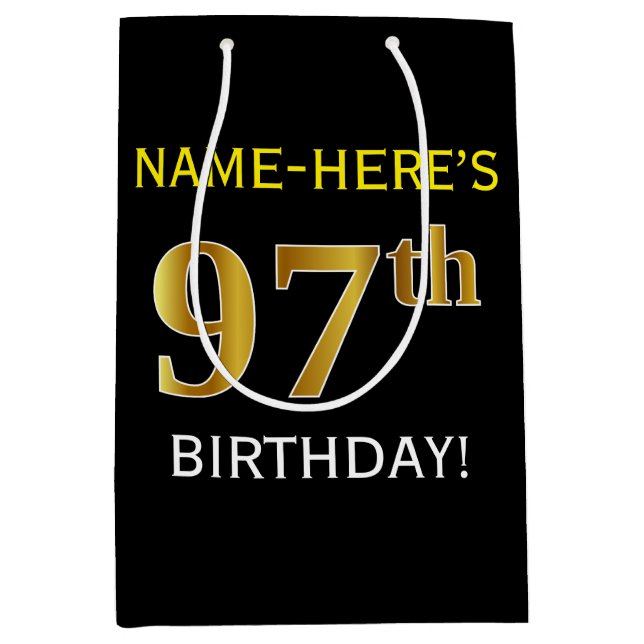Black, Faux Gold 97th Birthday + Custom Name Medium Gift Bag (Front)