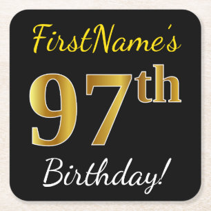 Black, Faux Gold 97th Birthday + Custom Name Square Paper Coaster