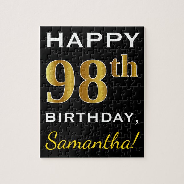 Black, Faux Gold 98th Birthday + Custom Name Jigsaw Puzzle (Vertical)