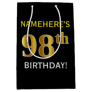 Black, Faux Gold 98th Birthday + Custom Name Medium Gift Bag