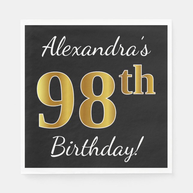 Black, Faux Gold 98th Birthday + Custom Name Napkin (Front)