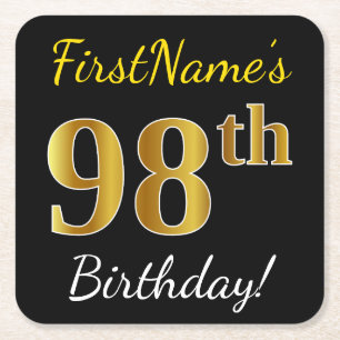 Black, Faux Gold 98th Birthday + Custom Name Square Paper Coaster