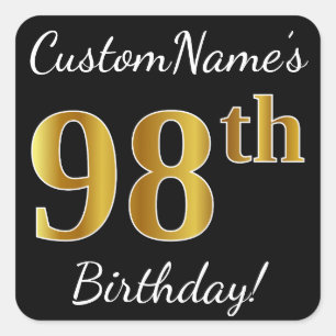 Black, Faux Gold 98th Birthday + Custom Name Square Sticker