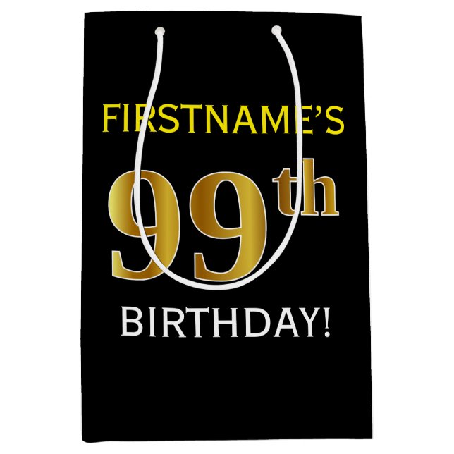 Black, Faux Gold 99th Birthday + Custom Name Medium Gift Bag (Front)