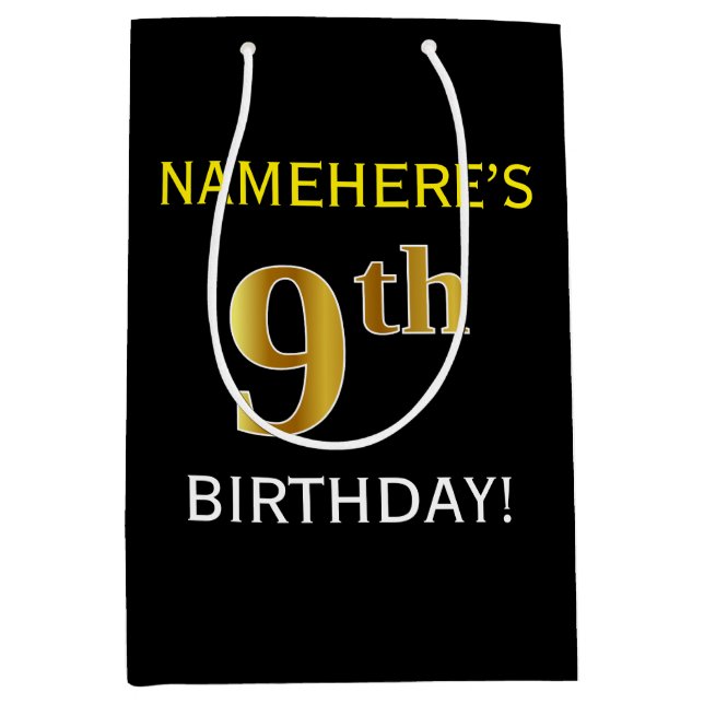 Black, Faux Gold 9th Birthday + Custom Name Medium Gift Bag (Front)