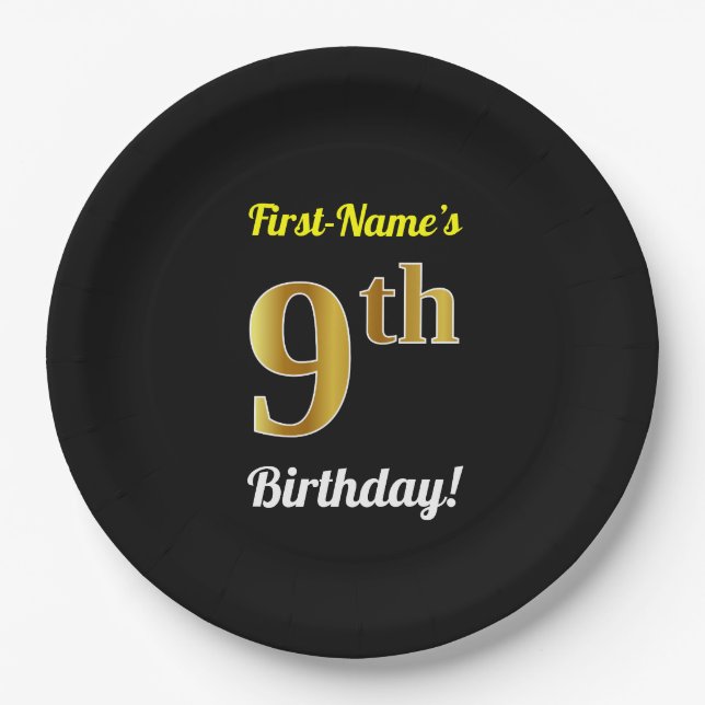 Black, Faux Gold 9th Birthday + Custom Name Paper Plate (Front)