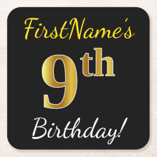 Black, Faux Gold 9th Birthday + Custom Name Square Paper Coaster