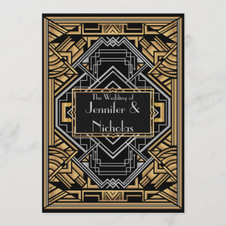 Black, Faux Gold and Silver Art Deco Gatsby Style Invitation