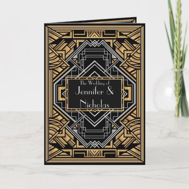 Black, Faux Gold and Silver Art Deco Style Announcement (Front)