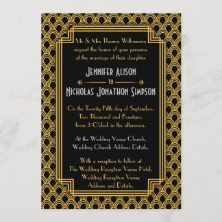 Black Faux Gold Art Deco Fans Pattern Wedding Invitation