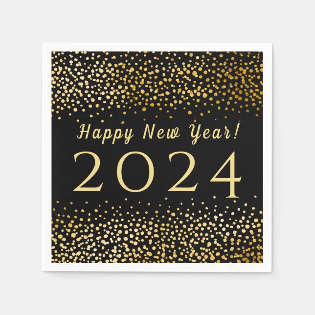 Black Faux Gold Confetti Happy New Year 2019 Napkin (Front)