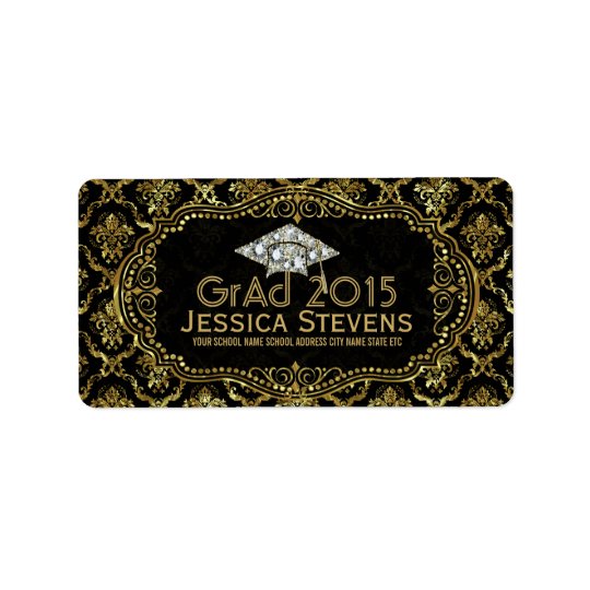 Black & Faux Gold Damasks & Glitter Grad Hat 2