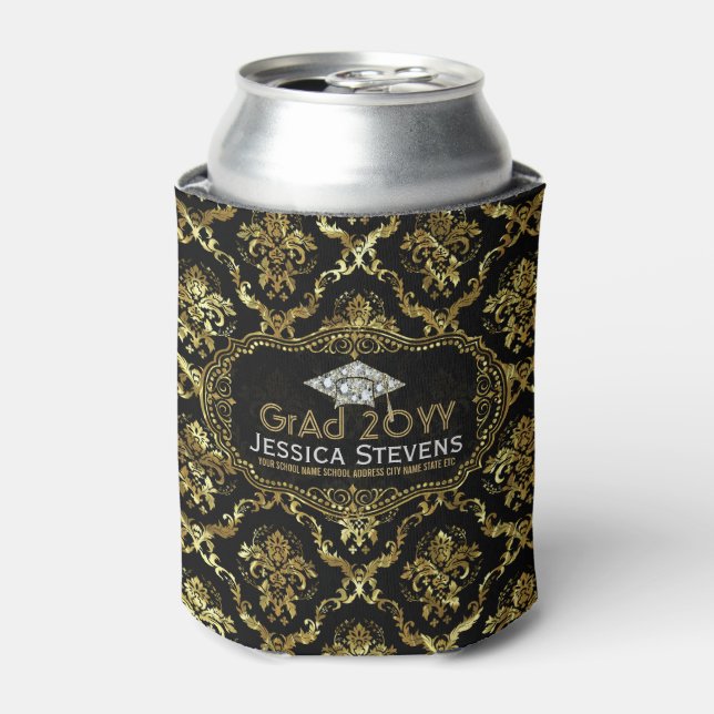 Black & Faux Gold Damasks & Glitter Grad Hat 2a Can Cooler (Can Front)