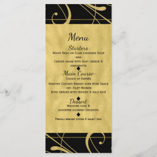 Black & Faux Gold Floral Swirl Chic Wedding Menu