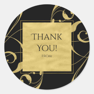 Black & Faux Gold Floral Swirl Elegant Wedding Classic Round Sticker
