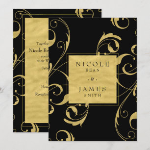 Black & Faux Gold Floral Swirl Elegant Wedding Invitation