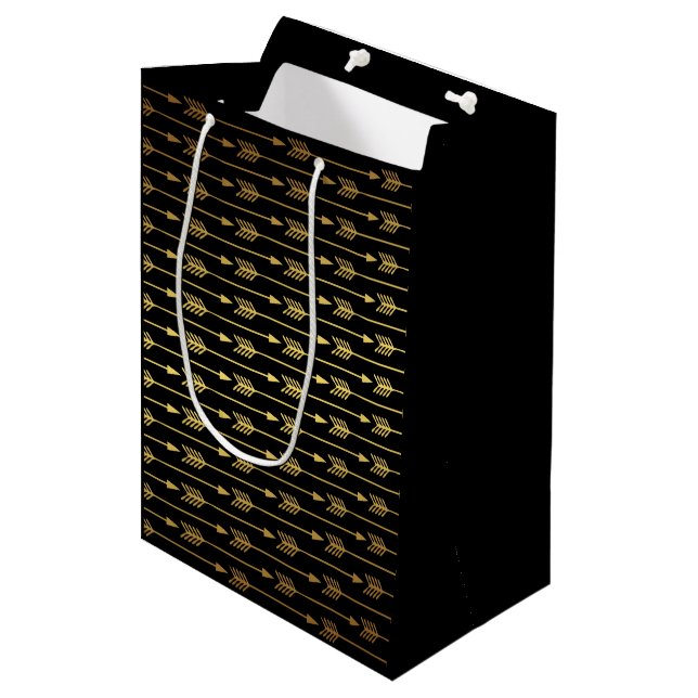 Black Faux Gold Foil Arrows Pattern Medium Gift Bag (Front Angled)