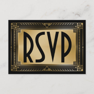 Black & Faux Gold Gatsby Geometric Wedding RSVP Card