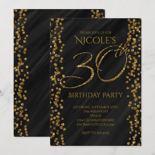 Black & Faux Gold Glitter Glam 30 30th Birthday Invitation
