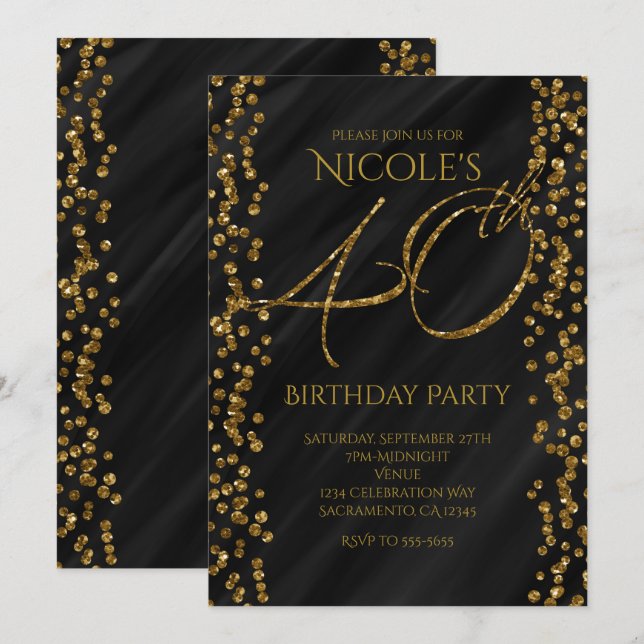 Black & Faux Gold Glitter Glam 40 40th Birthday Invitation (Front/Back)