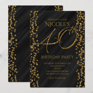 Black & Faux Gold Glitter Glam 40 40th Birthday Invitation