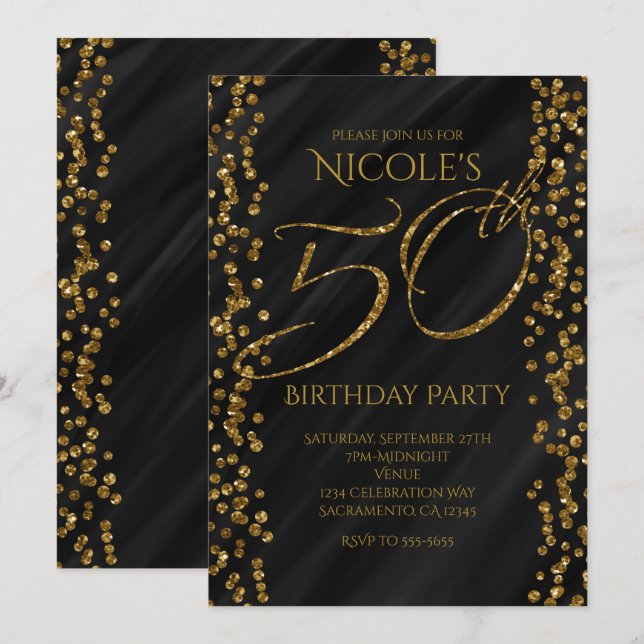 Black & Faux Gold Glitter Glam 50 50th Birthday Invitation (Front/Back)
