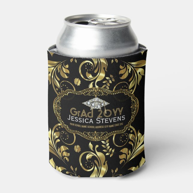 Black & Faux Gold Graduation Hat 2b Can Cooler (Can Front)