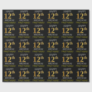 Black, Faux Gold "HAPPY 12th BIRTHDAY" Wrapping Paper