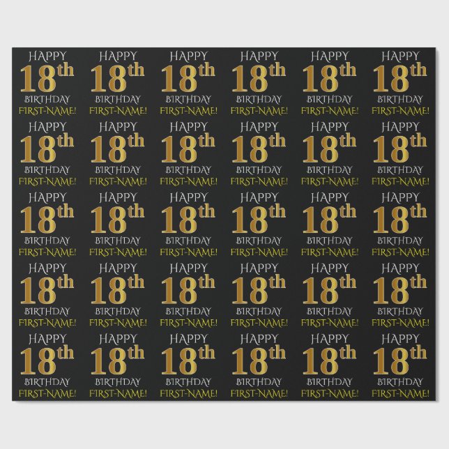 Black, Faux Gold "HAPPY 18th BIRTHDAY" Wrapping Paper (Flat)
