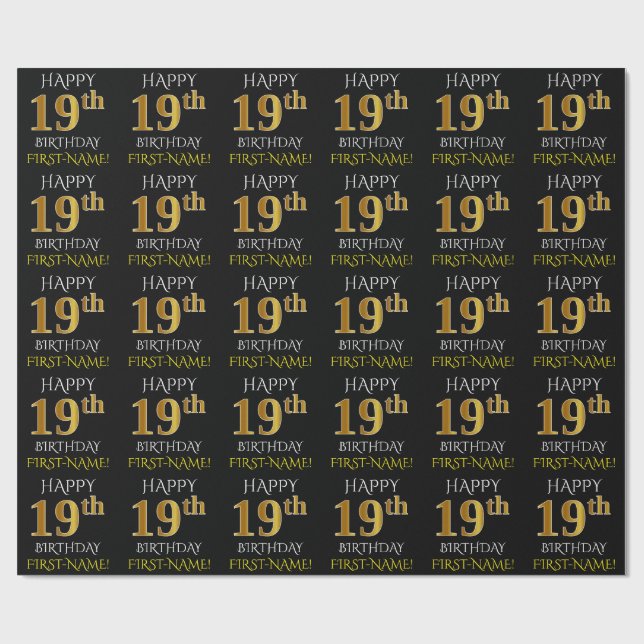 Black, Faux Gold "HAPPY 19th BIRTHDAY" Wrapping Paper (Flat)