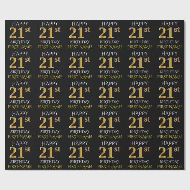 Black, Faux Gold "HAPPY 21st BIRTHDAY" Wrapping Paper (Flat)